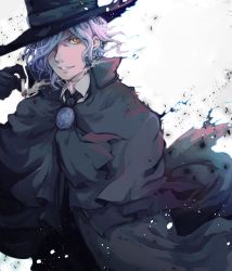 Rule 34 | 1boy, aura, black cape, black gloves, black hat, black jacket, border, cape, collared shirt, edmond dantes (fate), electricity, fate/grand order, fate (series), formal, gloves, hat, highres, jacket, long sleeves, looking at viewer, male focus, medium hair, parted lips, shirt, silver hair, simple background, solo, suit, white background, white shirt, wing collar, yamaru, yellow eyes