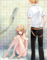 Rule 34 | 1boy, 1girl, bad id, bad pixiv id, barefoot, blonde hair, brother and sister, clothed male nude female, feet, hetero, incest, kagamine len, kagamine rin, koko (oyasuminasai), mixed-sex bathing, nude, reachizu (artist), ribbon, shared bathing, showering, siblings, tattoo, twins, vocaloid