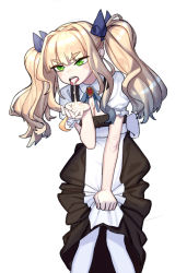 Rule 34 | 1girl, bad id, bad pixiv id, blonde hair, bow, cum, cum in mouth, cumdrip, dress grab, green eyes, hair bow, long hair, mabera, original, pantyhose, solo, spitting cum, twintails, white background, white pantyhose
