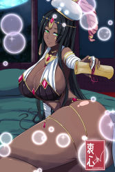 Rule 34 | 1girl, absurdres, arm wrap, armlet, ass, bandages, bandaged arm, bandages, bed, bed sheet, black hair, bracelet, breasts, cleavage, curvy, dark skin, fate/grand order, fate (series), forehead jewel, green eyes, highres, holding, holding scroll, huge breasts, jewelry, kowatsu no break, large breasts, long hair, looking at viewer, ring, scheherazade (fate), scroll, sideboob, sitting, thighs