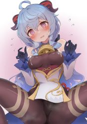 Rule 34 | 1girl, ahoge, bare shoulders, bell, black gloves, black legwear, blue hair, blush, bodystocking, bodysuit, breasts, breasts apart, commentary request, detached sleeves, embarrassed, flower knot, ganyu (genshin impact), genshin impact, gloves, goat horns, gold trim, highres, hone kawa, horns, lactation, lactation through clothes, leotard, leotard under clothes, long hair, looking at viewer, medium breasts, neck bell, purple eyes, revision, sidelocks, solo, spread legs, sweatdrop, thighlet, white sleeves