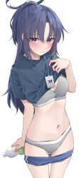 Rule 34 | 1girl, absurdres, black shirt, blue archive, blue buruma, blush, bottle, bra, breasts, buruma, buruma pull, clothes lift, clothes pull, grey bra, grey panties, halo, highres, holding, holding bottle, kawai ritsu (rits meg), lanyard, lifted by self, looking at viewer, navel, official alternate costume, panties, purple eyes, purple hair, shirt, shirt lift, short sleeves, simple background, small breasts, solo, stomach, sweatdrop, underwear, white background, yuuka (blue archive), yuuka (track) (blue archive)