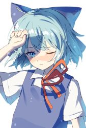 Rule 34 | 1girl, blue bow, blue eyes, blue hair, blue jacket, bow, cirno, expressionless, hair bow, hand over face, highres, jacket, large bow, one eye closed, shadow, shirt, short hair, solo, suikario, touhou, white background, white shirt