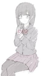 Rule 34 | 1girl, 7 calpis 7, blazer, blush, bow, closed mouth, collared shirt, commentary request, cup, drinking glass, drinking straw, hair between eyes, highres, holding, holding cup, jacket, long hair, long sleeves, original, pantyhose, pleated skirt, red bow, school uniform, shirt, sitting, skirt, sleeves past wrists, smile, solo, white background