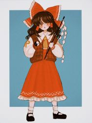 Rule 34 | 1girl, ascot, black footwear, blue background, blush, border, bow, brown eyes, brown hair, brown vest, buttons, collared dress, commentary request, dress, frills, full body, gohei, grey border, hair between eyes, hair ornament, hair tubes, hakurei reimu, hand in pocket, hand on own hip, hand up, hell0120, highres, long sleeves, looking to the side, medium hair, open clothes, open mouth, open vest, outside border, plaid, plaid vest, puffy long sleeves, puffy sleeves, red bow, red dress, shirt, shoes, simple background, socks, solo, standing, touhou, vest, white shirt, white socks, yellow ascot, yin yang, yin yang print