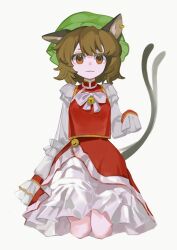 Rule 34 | 1girl, :3, absurdres, animal ear piercing, animal ears, bell, brown hair, cat ears, cat girl, cat tail, chen, chinese commentary, closed mouth, commentary request, cropped legs, flat chest, frilled sleeves, frills, green hat, hat, highres, long sleeves, medium hair, mob cap, multiple tails, neck ribbon, red eyes, red skirt, red vest, ribbon, shirt, simple background, skirt, sleeves past fingers, sleeves past wrists, solo, tail, touhou, vest, white background, white ribbon, white shirt, zhong dogzhic