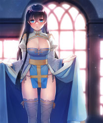 Rule 34 | 1girl, arch bishop (ragnarok online), black hair, blue dress, blue eyes, blush, breasts, cleavage, cleavage cutout, clothes lift, clothing cutout, commentary request, commission, cross, crossed bangs, dress, dress lift, feet out of frame, fishnet thighhighs, fishnets, flower, frilled thighhighs, frills, grey panties, grey thighhighs, groin, hair between eyes, hair flower, hair ornament, juliet sleeves, kunai uri, large breasts, lifting own clothes, long hair, long sleeves, looking at viewer, open mouth, panties, pelvic curtain, puffy sleeves, ragnarok online, sash, side-tie panties, skeb commission, solo, thighhighs, two-tone dress, underwear, white dress, white flower, window, yellow sash