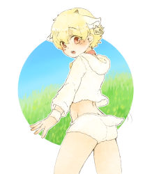Rule 34 | 1boy, aged down, animal ears, ass, blonde hair, blush, child, child gilgamesh (fate), collar, ear tag, fate/grand order, fate (series), gilgamesh (fate), horns, looking at viewer, looking back, male focus, open mouth, red eyes, sheep boy, sheep ears, sheep horns, sheep tail, smile, solo, soumen nigoki, tail
