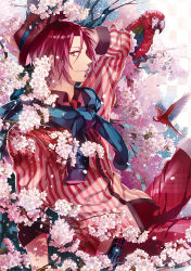 Rule 34 | 10s, 1boy, bird, cherry blossoms, fox.cc, foxcc, free!, grin, hat, looking at viewer, macaw, male focus, matsuoka rin, parrot, petals, red eyes, red hair, smile, striped, vertical stripes