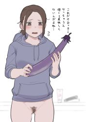 Rule 34 | 1girl, blue hoodie, blurry, blurry background, blush, bottomless, eggplant, female focus, female pubic hair, flying sweatdrops, food, highres, holding, holding food, hood, hoodie, naked hoodie, open mouth, original, phallic symbol, pubic hair, pussy juice, pussy juice trail, shimokori, solo, translation request