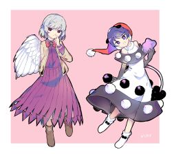 Rule 34 | 2girls, absurdres, animal ears, black capelet, black dress, black gloves, blue eyes, blue hair, book, boots, border, brown footwear, capelet, commentary request, commeowdore, doremy sweet, dress, elbow gloves, feathered wings, gloves, grey hair, hat, highres, holding, holding book, kishin sagume, light brown jacket, multicolored clothes, multicolored dress, multiple girls, nightcap, pink background, pom pom (clothes), purple dress, red eyes, red headwear, short hair, single wing, sleeveless, sleeveless dress, socks, tail, tapir ears, tapir tail, touhou, white border, white dress, white legwear, white wings, wings
