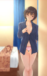 1girl, adjusting clothes, amagami, bangs, bed, bedroom, black hair, blue shirt, breasts, brown eyes, cleavage, collarbone, commentary, curtains, feet out of frame, gluteal fold, hair between eyes, hair strand, hand on own chest, highres, indoors, legs together, light blush, looking at viewer, medium breasts, midriff, midriff peek, nanasaki ai, no bra, no pants, panties, parted lips, partially unbuttoned, partially undressed, pink panties, shirt, short hair, solo, standing, stuffed animal, stuffed dog, stuffed toy, tadpolejackson, thigh gap, unbuttoned, unbuttoned shirt, underwear, wooden floor