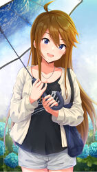 Rule 34 | 1girl, ahoge, bag, black shirt, blue eyes, blue umbrella, blush, breasts, brown hair, collarbone, cowboy shot, dot nose, flower, hands up, highres, holding, holding umbrella, hydrangea, idolmaster, idolmaster million live!, idolmaster million live! theater days, jacket, jewelry, large breasts, long hair, long sleeves, looking at viewer, nagmilk, necklace, open clothes, open jacket, open mouth, rain, shirt, shorts, shoulder bag, smile, solo, standing, swept bangs, teeth, tokoro megumi, umbrella, upper teeth only, water drop, white jacket, white shorts