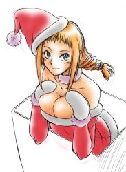 Rule 34 | 00s, 1girl, blonde hair, blue eyes, box, breasts, choker, christmas, cleavage, female focus, final fantasy, final fantasy xii, gloves, hat, long hair, mangakakuhito, mittens, penelo, santa costume, santa hat, solo, twintails, white mittens