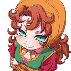 Rule 34 | 1girl, blush, breasts, commentary request, curly hair, dragon quest, dragon quest vii, dress, green eyes, hanya (hanya yashiki), hat, hood, jewelry, long hair, looking at viewer, maribel (dq7), medium breasts, naughty face, open mouth, red hair, ring, simple background, smile, solo, white background