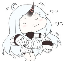 Rule 34 | 10s, 1girl, :3, abyssal ship, ahoge, breasts, closed eyes, detached sleeves, female focus, horns, kantai collection, kloah, large breasts, pale skin, seaport princess, simple background, single horn, solo, u u, white hair, zui zui dance