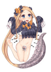Rule 34 | 1girl, abigail williams (fate), absurdly long hair, absurdres, barefoot, black bow, black dress, blonde hair, blue eyes, blush, bottomless, bow, bug, butterfly, censored, character censor, commentary request, dress, fate/grand order, fate (series), feet, forehead, full body, groin, hair bow, hands up, highres, insect, key, lavinia whateley (fate), long hair, long sleeves, looking at viewer, makano mucchi, navel, no headwear, novelty censor, open mouth, orange bow, parted bangs, polka dot, polka dot bow, silver hair, simple background, sleeves past fingers, sleeves past wrists, soles, solo, suction cups, tentacles, toenails, toes, very long hair, white background