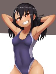 Rule 34 | 1girl, armpits, arms behind head, arms up, artist name, black hair, blue one-piece swimsuit, blush, breasts, collarbone, competition swimsuit, covered navel, cowboy shot, dark-skinned female, dark skin, fangs, grey background, grey one-piece swimsuit, grin, groin, hair between eyes, hair ornament, hairclip, hands in hair, head tilt, highleg, highleg swimsuit, highres, hip focus, ijiranaide nagatoro-san, long hair, multicolored clothes, multicolored swimsuit, nagatoro hayase, nyxkz, one-piece swimsuit, orange eyes, shiny skin, small breasts, smile, solo, standing, swimsuit, teeth, two-tone background, white background