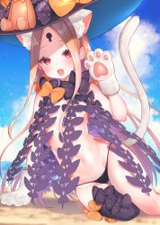 Rule 34 | 1girl, :d, abigail williams (fate), abigail williams (second ascension) (fate), animal ear fluff, animal ears, animal hands, beach, black bow, black hat, black panties, blonde hair, blue sky, blush, bow, cat ears, cat girl, cat tail, cloud, cloudy sky, commentary request, day, fang, fate/grand order, fate (series), gloves, groin, hand up, hat, hat bow, horizon, kemonomimi mode, keyhole, long hair, looking at viewer, navel, ocean, open mouth, orange bow, outdoors, panties, parted bangs, paw gloves, red eyes, revealing clothes, sand, sky, smile, solo, stuffed animal, stuffed toy, suzuho hotaru, tail, teddy bear, topless, underwear, very long hair, water, white gloves, witch hat