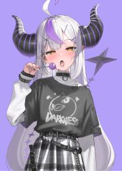 Rule 34 | 1girl, ahoge, alternate costume, belt, black nails, black shirt, blush, candy, clothes writing, collar, commentary, cowboy shot, demon horns, earrings, food, hair ornament, hairclip, half-closed eyes, highres, holding, holding candy, holding food, holding lollipop, hololive, horns, jewelry, kanzarin, la+ darknesss, lollipop, long hair, long sleeves, looking at viewer, multicolored hair, multiple rings, nail polish, open mouth, plaid, plaid skirt, pointy ears, purple background, purple hair, purple nails, ring, shirt, simple background, skirt, sleeves past wrists, solo, streaked hair, tongue, tongue out, torn clothes, torn shirt, turtleneck, two-tone hair, virtual youtuber, white hair, x hair ornament