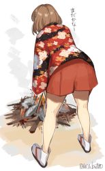 Rule 34 | 1girl, brown hair, campfire, chiyoda (kancolle), coat, commentary request, floral print, food, from behind, highres, kantai collection, leaning forward, one-hour drawing challenge, overcoat, red skirt, roasting, sandals, short hair, simple background, skirt, solo, standing, sweet potato, tabi, twitter username, white background, white legwear, yamashichi (mtseven)