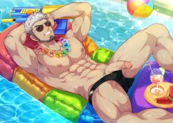 Rule 34 | 1boy, abs, absurdres, armpit hair, armpits, ball, bara, beachball, beard, camp buddy, cocktail, cocktail glass, collarbone, cup, drinking glass, facial hair, feet out of frame, flower, flower necklace, food, fruit, glasses, goro nomoru, highres, jewelry, lei, male focus, mikkoukun, muscular, muscular male, necklace, nipples, opaque glasses, outdoors, pectorals, penis, plate, pool, pubic hair, sideburns, smile, solo, summer, sunglasses, teeth, water, water gun, watermelon, white hair