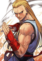 Rule 34 | 1boy, andy bogard, bare shoulders, biceps, blonde hair, blue eyes, closed mouth, dougi, fatal fury, fighting stance, furrowed brow, gloves, hair slicked back, hungry clicker, long hair, male focus, martial arts belt, muscular, muscular male, pants, red gloves, shirt, sleeveless, sleeveless shirt, snk, solo, the king of fighters, white pants, white shirt