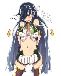 Rule 34 | 1girl, alternate costume, arms behind back, arrow (symbol), bare shoulders, blue hair, blush, breasts, cleavage cutout, clothing cutout, cloud print, cosplay, dated, gradient hair, hair over one eye, hair ribbon, hayashimo (kancolle), kantai collection, long hair, looking down, midriff, miniskirt, multicolored hair, navel, open mouth, purple eyes, ribbon, ru2n131, short sleeves, skirt, small breasts, smile, solo, thighhighs, twitter username, unryuu (kancolle) (cosplay), unryuu (kancolle), very long hair
