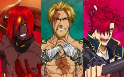 Rule 34 | 3boys, abs, armpits, ashwatthama (fate), bandaged hand, bandages, beard, beowulf (fate), blonde hair, chain, collarbone, dark-skinned male, dark skin, facial hair, fate/grand order, fate (series), fingerless gloves, fist in hand, gloves, grin, hair over one eye, highres, holding, holding weapon, male focus, mori nagayoshi (fate), multiple boys, muscular, muscular male, nipples, open mouth, red eyes, red hair, rupoipo, scar, scar on chest, sharp teeth, short hair, shoulder tattoo, smile, split screen, tattoo, teeth, topknot, topless male, weapon, yellow eyes
