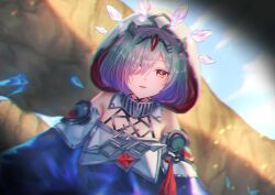 1girl absurdres bare_shoulders chromatic_aberration circlet coat collar commentary_request commission crystal fire_emblem fire_emblem_heroes gradient_hair grey_hair hair_ornament hair_over_one_eye highres hood hood_up kvasir_(fire_emblem) lens_flare looking_at_viewer metal_collar multicolored_hair nei_(aduma1120ponpon) nintendo off_shoulder one_eye_covered outdoors pixiv_commission pov purple_hair red_eyes see-through_clothes see-through_coat smile two-tone_hair