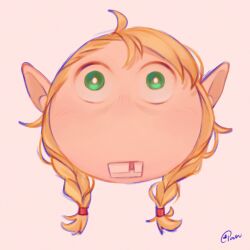 Rule 34 | 1girl, absurdres, artist name, blonde hair, braid, bright pupils, buck tooth emoji (meme), commentary, dungeon meshi, elf, english commentary, green eyes, highres, long hair, looking at viewer, marcille donato, meme, pan (pan p), pink background, pointy ears, simple background, solo, twin braids