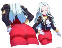 Rule 34 | 1girl, ass, big forehead, blue eyes, edelgard von hresvelg, fire emblem, fire emblem: three houses, from above, from behind, from below, gloves, grimmelsdathird, hand on own hip, highres, long hair, looking at viewer, multiple views, nintendo, panties, panties under pantyhose, pantyhose, red pantyhose, smile, thighs, underwear, white background, white gloves, white hair, white panties