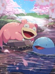 Rule 34 | afloat, animal focus, blue skin, blue sky, blurry, blurry foreground, cherry blossoms, closed eyes, colored skin, commentary request, creatures (company), fang, game freak, gen 1 pokemon, gen 2 pokemon, grass, highres, nintendo, no humans, open mouth, outdoors, pink skin, pokemon, pokemon (creature), quagsire, river, sky, sleeping, slowpoke, solid circle eyes, tail, tatsumi (panneko), tree, water