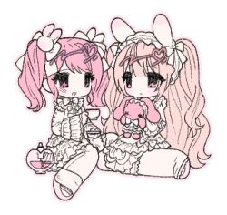 2girls animal_ears bad_id bad_twitter_id blonde_hair bottle bow dress frilled_dress frilled_sleeves frills hair_bow hair_ornament lolita_fashion long_hair lowres multiple_girls original perfume_bottle pink_eyes pink_hair rabbit_ears rabbit_hair_ornament sitting stuffed_animal stuffed_rabbit stuffed_toy transparent_background twintails two_side_up u_emper very_long_hair white_bow white_dress white_footwear