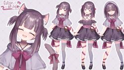 Rule 34 | 1girl, animal ears, arm ribbon, black dress, black footwear, bow, cat ears, cat tail, character name, chocolate, choker, cloak, closed eyes, collarbone, dress, eyes in shadow, fallenshadow, footwear bow, frilled dress, frilled sleeves, frills, full body, hair bow, heart, heart-shaped pupils, highres, hood, hood down, hooded cloak, indie virtual youtuber, leg ribbon, long hair, official art, open mouth, pink bow, pink choker, pink eyes, purple hair, ribbon, rucaco, second-party source, single thighhigh, symbol-shaped pupils, tail, tail bow, tail ornament, thigh strap, thighhighs, virtual youtuber
