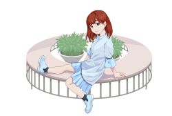 Rule 34 | 1girl, dress, eyes visible through hair, furihata ai, highres, looking at viewer, love live!, love live! sunshine!!, plant, red hair, short hair, simple background, sitting, smile, waste-man