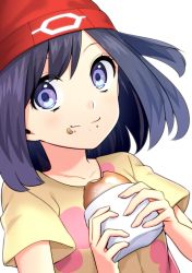 Rule 34 | 1girl, bad id, bad pixiv id, blue eyes, blue hair, burger, collarbone, creatures (company), eating, food, game freak, hat, looking at viewer, nintendo, pokemon, pokemon sm, red hat, selene (pokemon), shirt, short hair, short sleeves, simple background, smile, solo, upper body, white background, yellow shirt, yuihico