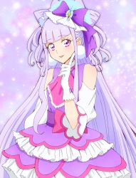 Rule 34 | 1girl, blunt bangs, bow, clothing cutout, cowboy shot, cure amour, dress, gloves, hair bow, highres, hugtto! precure, koroni (nkrgs), layered dress, long hair, looking at viewer, pink neckwear, precure, purple bow, purple dress, purple eyes, purple hair, shoulder cutout, solo, standing, very long hair, white gloves