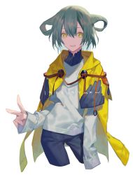 Rule 34 | 1other, androgynous, black pants, bright pupils, contrapposto, cowboy shot, cropped legs, curled horns, dot nose, fingernails, green hair, grin, hand up, horns, long sleeves, looking at viewer, original, pants, sharp teeth, short hair, simple background, smile, solo, sweater, teeth, v, white background, white sweater, yamakawa, yellow eyes