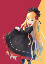 Rule 34 | &gt;:), 1girl, black dress, black pantyhose, blonde hair, blunt bangs, blush, closed mouth, commentary, dress, evangeline a.k. mcdowell, flower, gothic lolita, green eyes, hair flower, hair ornament, heart, liclac, lolita fashion, long hair, long sleeves, mahou sensei negima!, pantyhose, puffy long sleeves, puffy sleeves, red background, red flower, red rose, rose, sleeves past wrists, smile, solo, striped clothes, striped pantyhose, two-tone background, v-shaped eyebrows, vertical-striped clothes, vertical-striped pantyhose, very long hair, yellow background