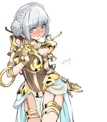 Rule 34 | 1girl, blue eyes, blush, braid, breasts, full-face blush, laeticia aucerius, looking at viewer, medium breasts, navel, revealing clothes, seto tinami, short hair, simple background, solo, standing, star ocean, star ocean the divine force, thigh strap, white background, white hair