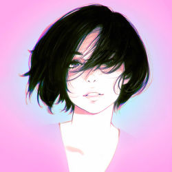 Rule 34 | 1girl, black hair, ilya kuvshinov, looking at viewer, messy hair, original, parted lips, pink background, short hair, simple background, solo, upper body