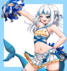 Rule 34 | 1girl, absurdres, armpits, blue eyes, blue hair, blunt bangs, character name, cheering, cheerleader, crop top, fins, fish tail, gawr gura, grey hair, hair ornament, highres, holding, holding pom poms, hololive, hololive english, long hair, looking at viewer, midriff, miniskirt, multicolored hair, navel, open mouth, pleated skirt, pom pom (cheerleading), pom poms, shark girl, shark tail, skirt, smile, solo, streaked hair, superfann3, tail, teeth, virtual youtuber, white skirt
