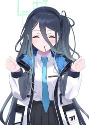 Rule 34 | 1girl, absurdres, aris (blue archive), black hair, blue archive, closed eyes, food, food in mouth, halo, highres, jacket, long hair, mouth hold, necktie, one side up, open clothes, open jacket, pocky, pocky kiss, school uniform, shared food, shirt, simple background, solo, tie clip, white background, white shirt, yasaka (rwrk4222)