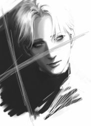 Rule 34 | 1boy, as (ashes), close-up, closed mouth, greyscale, johan liebert, looking away, looking to the side, male focus, monochrome, monster (manga), parted bangs, solo