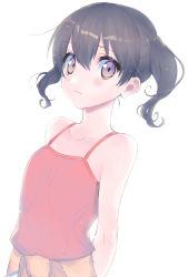 Rule 34 | 1girl, absurdres, arms behind back, bad id, bad twitter id, black hair, brown eyes, camisole, closed mouth, clothes around waist, dutch angle, frown, highres, kuraue hinata, looking at viewer, pink shirt, shirt, short hair, simple background, solo, standing, tsunami samemaru, twintails, white background, yama no susume