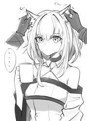 Rule 34 | ..., 1girl, 1other, animal ear fluff, animal ears, arknights, bare shoulders, blush, breasts, cat ears, cleavage, closed mouth, coffee mug, collarbone, cup, doctor (arknights), ear fondling, expressionless, greyscale, highres, holding, holding cup, kal&#039;tsit (arknights), long sleeves, medium breasts, monochrome, motion lines, mug, shino duka, short hair, simple background, upper body, white background, wide sleeves
