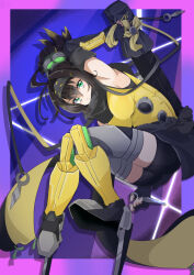 Rule 34 | 1girl, ahoge, bare shoulders, black hair, black scarf, blonde hair, breasts, duel monster, elbow gloves, fingerless gloves, forehead protector, gloves, gradient hair, green eyes, highres, kunai, large breasts, mochi curry, multicolored hair, ponytail, s-force rappa chiyomaru, s:p little knight, scarf, sleeveless, solo, thighhighs, weapon, yu-gi-oh!