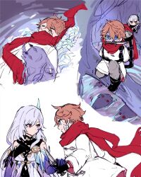 1boy 1girl bandaid bandaid_on_face black_gloves blue_eyes closed_mouth dress genshin_impact gloves jacket long_hair mouth_hold orange_hair ra_suya red_eyes red_scarf scarf simple_background skirk_(genshin_impact) tartaglia_(genshin_impact) tree very_long_hair white_background white_dress white_hair white_jacket