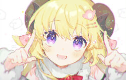 Rule 34 | 1girl, :d, animal ears, blonde hair, blush, commentary, fur trim, hair ornament, hairclip, highres, hololive, horns, index finger raised, long hair, looking at viewer, msin, official alternate hairstyle, open mouth, portrait, purple eyes, sheep ears, sheep girl, sheep horns, sidelocks, smile, solo, tsunomaki watame, tsunomaki watame (1st costume), virtual youtuber